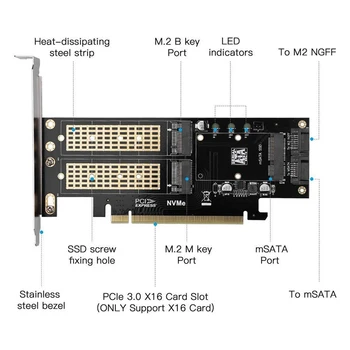 НОВОСТ-Адаптер M. 2 NVMe SSD NGFF за PCIE 3.0 X16 M Key B Key MSATA PCI Разширение SATA Конвертор 3 в 1 Възглавница, Черен Изображение 2