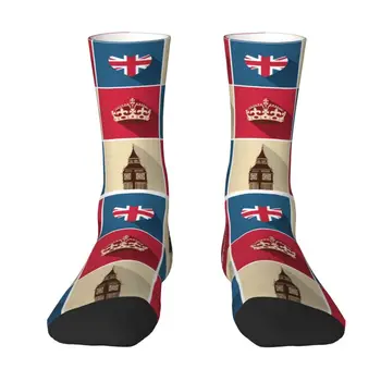 Новост, мъжки реколта чорапи с символ на Великобритания и Лондон, Унисекс, Топли и удобни чорапи с 3D-принтом, Британски флаг, Червени чорапи за екипажа на автобуса