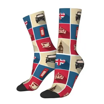 Новост, мъжки реколта чорапи с символ на Великобритания и Лондон, Унисекс, Топли и удобни чорапи с 3D-принтом, Британски флаг, Червени чорапи за екипажа на автобуса Изображение 2