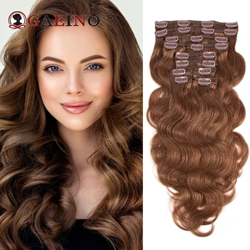 Обемна вълна, скоба за удължаване на косата, истински човешки косъм, 10 бр/компл., кафява перука на цялата глава, скоба, за да удължаване на косата за жени 14-28 инча