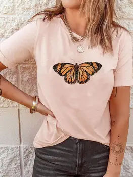 Облекло, дамски ежедневни модни дрехи, Дамски пеперуда, Сладки тениски с къс ръкав на 90-те години, тениски с графичен принтом Изображение 2