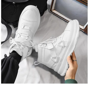 Обувки на платформа Мъжки Matsutake С дебел дъното, бели мъжки обувки с висок берцем, новост 2023 г., годината на реколтата кожени обувки със средна дължина на британския стил