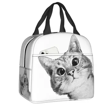 Обяд-бокс Смешни Cat Фланец Топло охладител, Термоизолированная чанта за обяд за жени, портативен контейнер за учебната работа, на пикник