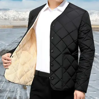 Однотонная мъжки яке, зимно мъжко яке върху топола, стилни връхни дрехи с руното подплата, с дълги ръкави, с много джобове за мъже Изображение 2