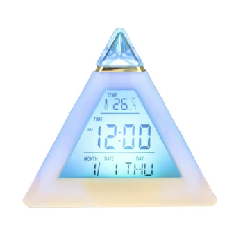Офис Настолни Часовници Триъгълни, 7 Цвята, Които Променят Температурата Led, Дисплей Седмици, Digital Alarm Clock, Пирамида, Домашен Декор