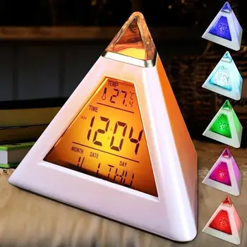 Офис Настолни Часовници Триъгълни, 7 Цвята, Които Променят Температурата Led, Дисплей Седмици, Digital Alarm Clock, Пирамида, Домашен Декор Изображение 2