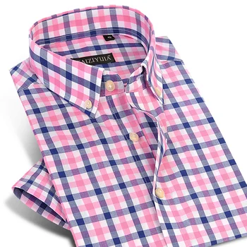 Памучен Мъжки Ризи в клетката в Английски Стил, Без джобове, С Къс ръкав, Лятна Ежедневни Тънка Риза Стандартен намаляване на копчета