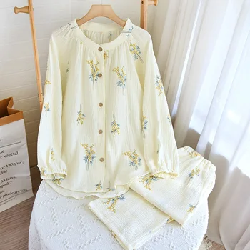 Памучен плат, пролетта и есента пижамный комплект с дълги ръкави и принтом момина сълза, дамски ежедневни облекла в стил Kawai за пижам