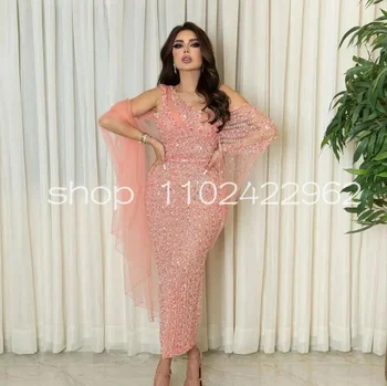 Персиково-розови арабски рокли-caftans дължина до щиколоток с нос, украсени с блестящи кристали, вечерна рокля-кафтан от Дубай, расшитое мъниста