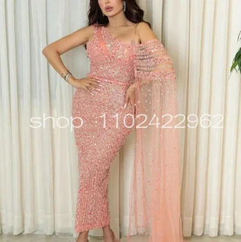 Персиково-розови арабски рокли-caftans дължина до щиколоток с нос, украсени с блестящи кристали, вечерна рокля-кафтан от Дубай, расшитое мъниста Изображение 2