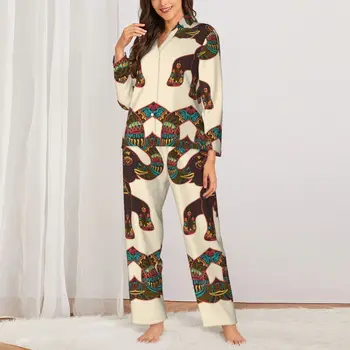 Пижама с изображение на Индийския Слон, Пролетни Цветни Пижамные комплекти с флорални принтом, Реколта пижами Оверсайз, Дамско нощно бельо за спалня с дълъг ръкав