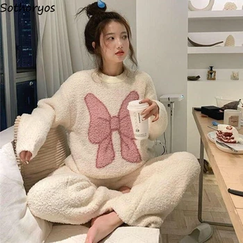 Пижамные Дамски комплекти С хубав нос, есенна пижама с кръгло деколте в корейски стил, ежедневни Свободна Проста Плюшена эстетичная младежки дрехи за почивка