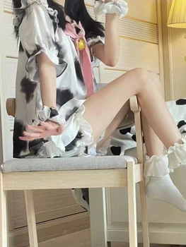 Пижамные комплекти За жени, сладък дизайн с лък в ретро стил, Уютна Свободна дишаща ежедневни пижами за студенти в корейски стил, Летни къдри, Просто шик Изображение 2