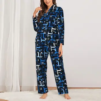 Пижамный комплект Смешни Математика, есенни сини пижами за почивка Pieces of Pi Kawaii, дамски пижами в ретро стил, подарък за рожден ден в стил Оверсайз