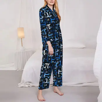 Пижамный комплект Смешни Математика, есенни сини пижами за почивка Pieces of Pi Kawaii, дамски пижами в ретро стил, подарък за рожден ден в стил Оверсайз Изображение 2