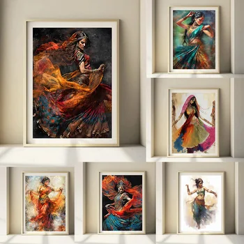 Плакат с народни танци индийски жени, Етническа пола за момичета, Живопис върху платно, Стенни картини за хола, Подарък за дома.