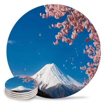 Планината Фуджи Japanese Cherry Blossom е Кръгла поставка масичка за кафе, Подложки Кухненски Принадлежности Абсорбиращи Керамични подложки