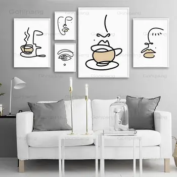 Платно за рисуване Линия на Очите Лицето Кафе, Чай Стенен Принт Скандинавски плакат Модерните стенни картини за хол трапезария кухненски декор