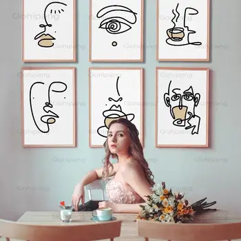 Платно за рисуване Линия на Очите Лицето Кафе, Чай Стенен Принт Скандинавски плакат Модерните стенни картини за хол трапезария кухненски декор Изображение 2