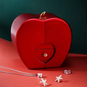 Подарък Кутия За Бижута във Формата на Ябълка, Двойна Отворена Кутия За Съхранение на Бижута, Червен Подарък Кутия за Рожден Ден с Изкуствено Цвете, Романтична Гурме