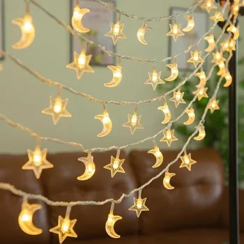 Приказни светлини на Рамадан, USB, led гирлянди, със звездите и Луната, Коледни led светлини за спални, сватбена украса за парти. Изображение 2