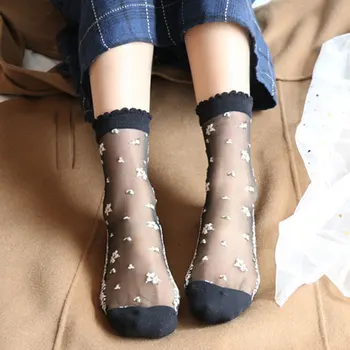 Прозрачни Чорапи цветенце, Летни Дамски тънки чорапи до глезена за момичета, Копринени Еластични Мрежести Жакард къси чорапи в японски стил