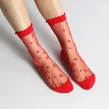Прозрачни Чорапи цветенце, Летни Дамски тънки чорапи до глезена за момичета, Копринени Еластични Мрежести Жакард къси чорапи в японски стил Изображение 2