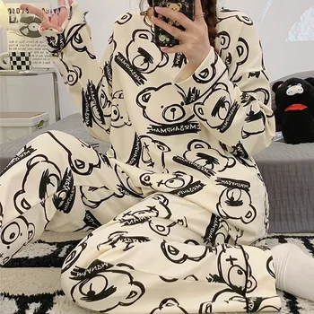 Пролетно-есенен нов дамски пижамный комплект с шарени хубаво мече от анимационни и накладки на гърдите, памучен пижами за почивка, Корейски домашно облекло Изображение 2