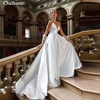 Просто сватбена рокля Challoner на тънки спагети презрамки с V-образно деколте, без ръкави, с плисета на гърба, с дължина до пода, сватбената рокля на поръчка, Vestidos