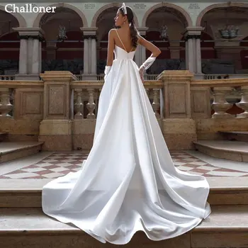 Просто сватбена рокля Challoner на тънки спагети презрамки с V-образно деколте, без ръкави, с плисета на гърба, с дължина до пода, сватбената рокля на поръчка, Vestidos Изображение 2