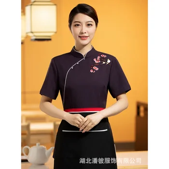 Работно облекло за хотели, лятна дамски униформи за китайския кейтеринга, Национален костюм Plum Blossom Tang, сервитьор чайната, Къс ръкав A