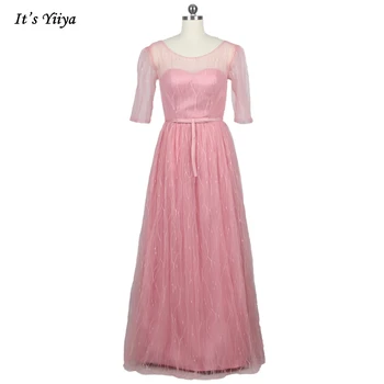 Разпродажба на Вечерни рокли в Розов цвят illusion, С кръгло деколте И Къс ръкав, дантела, С Гънки, Трапецовидна форма, с Дължина до пода, Размер 4, Секси Вечерна рокля LX197