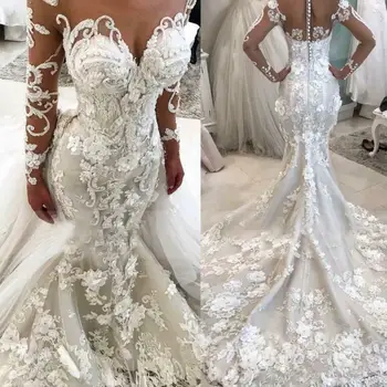 Реколта сватбени рокли на Русалка с 3D Цветя, Подвижна панделка, Дълги ръкави, Дантелени апликации, сватбени рокли големи размери