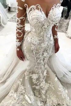 Реколта сватбени рокли на Русалка с 3D Цветя, Подвижна панделка, Дълги ръкави, Дантелени апликации, сватбени рокли големи размери Изображение 2