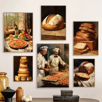 Ретро Кухненски хляб върху обекти на интелектуална собственост, сирене, Лимон, Антикварни, готварски художествени плакати, живопис върху платно, стенни щампи, Картини за кухня, Домашен декор