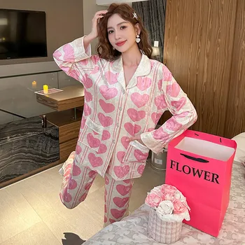 Розова пижама с принтом любовта на Свети Валентин, 2 предмета, включително и пижама с дълги ръкави, подходяща за почивка на дома, удобна Изображение 2
