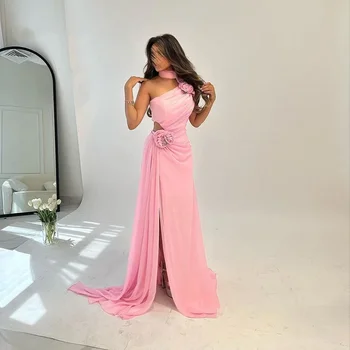 Розови шифоновые вечерни рокли с едно рамо с дължина до пода, секси вечерна рокля с цепка 