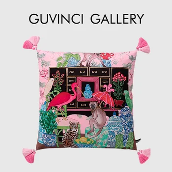 Розово ретро-чадър GUVINCI и декоративна калъфка за възглавница с маймунката, Луксозна кадифе калъфка с пискюли за спални с разтегателен диван