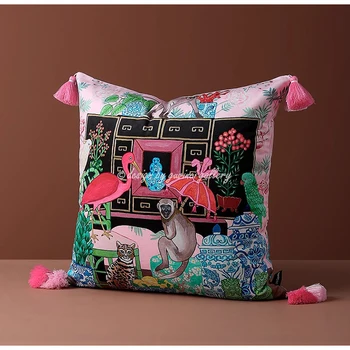 Розово ретро-чадър GUVINCI и декоративна калъфка за възглавница с маймунката, Луксозна кадифе калъфка с пискюли за спални с разтегателен диван Изображение 2