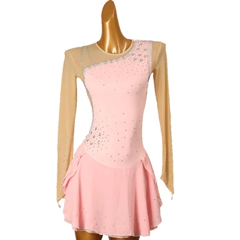Рокля за фигурата на каране, женствена рокля за каране на кънки, фитнес костюм, изработен по поръчка, розов кристал кристал B194
