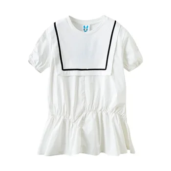 Рокля с къси ръкави за момичета, Лятото 2023, однотонное бебешка рокля в стил колеж, студентски свободно рокля