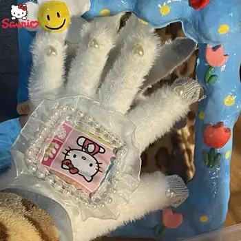 Ръкавици Sanrio Hello Kitty през Зимата Запазват топлината, Коралов руно Ярки цветове, Плюш с пет пръста, Мек Удобен Загрята Подарък на приятелката си