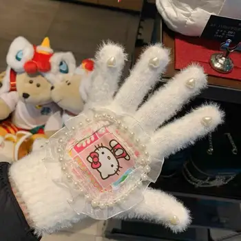 Ръкавици Sanrio Hello Kitty през Зимата Запазват топлината, Коралов руно Ярки цветове, Плюш с пет пръста, Мек Удобен Загрята Подарък на приятелката си Изображение 2
