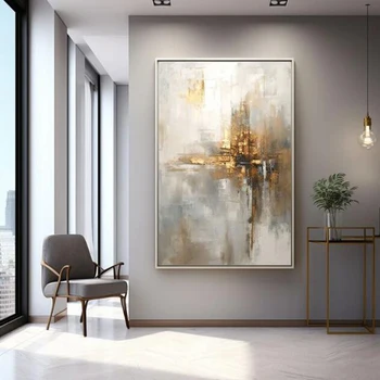Ръчно рисувани с маслени бои, по-голямата бежовата и сивата абстрактна живопис, картини с шарка златно фолио, минималистичен фигура на стената, бежово фигура на стената