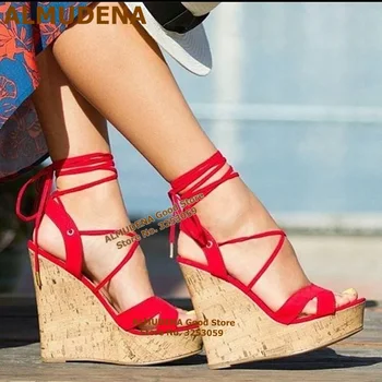 Сандали ALMUDENA на дървен ток Wdge; Червени велурени обувки с дантела в клетката; Сватбени обувки на платформа с препратка джапанки; на модела обувки-лодка; размер на 47; Директна доставка;