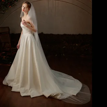 Сватбен аксесоар Двупластова дълъг воал за младоженци Проста воали за младоженци бял цвят