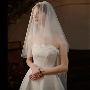 Сватбен аксесоар Двупластова дълъг воал за младоженци Проста воали за младоженци бял цвят Изображение 2