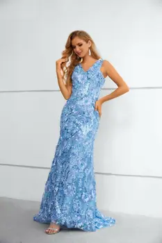 Сватбена рокля, бална рокля, Синя дантела, Дълги апликация, V-образно деколте, без ръкави, Елегантна вечерна рокля за жените 2024 Изображение 2