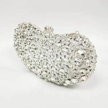 Сватбената чанта с кристали във формата на сребро на сърцето, сватбени портфейли, Луксозни вечерни клатчи с кристали, дамски чанти за партита, чанти за абитуриентски, коктейлни чанти Изображение 2
