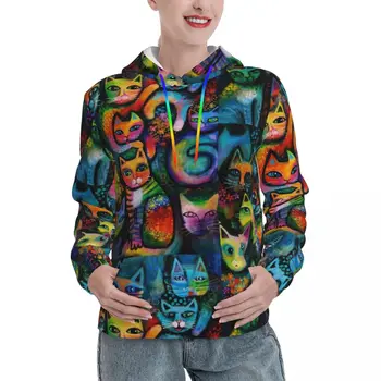 Свободни горнища с абстрактно котка Женски Акрилни качулки Rainbow Cats Ежедневни hoody Пролет y2k Готини Графични блузи с качулка Голям размер XL 2XL